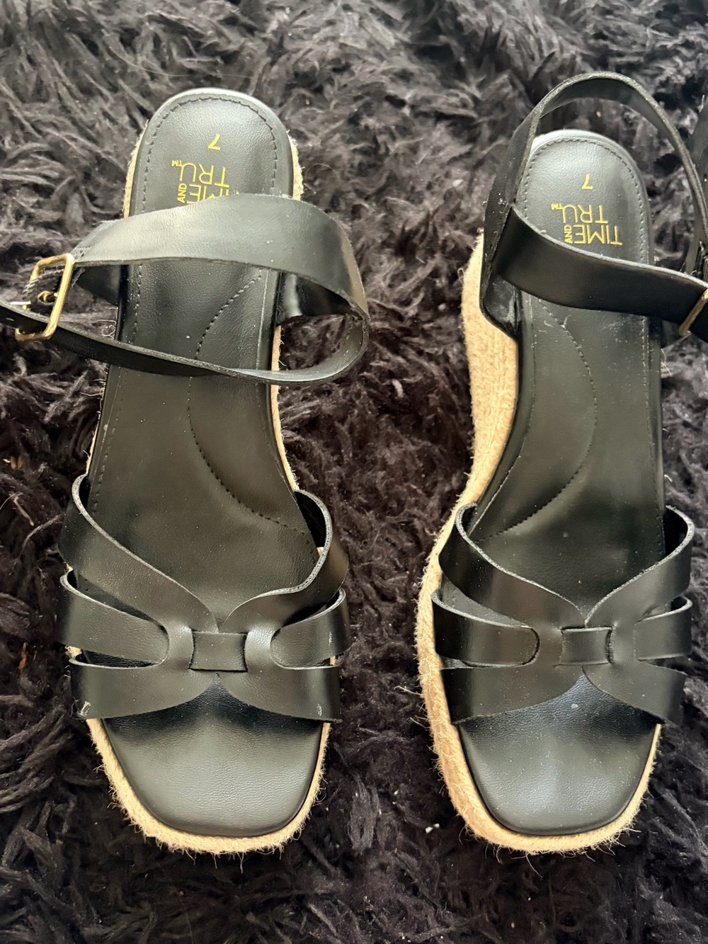 Time and Tru Black Espadrille Wedge Sandals with Ankle Strap